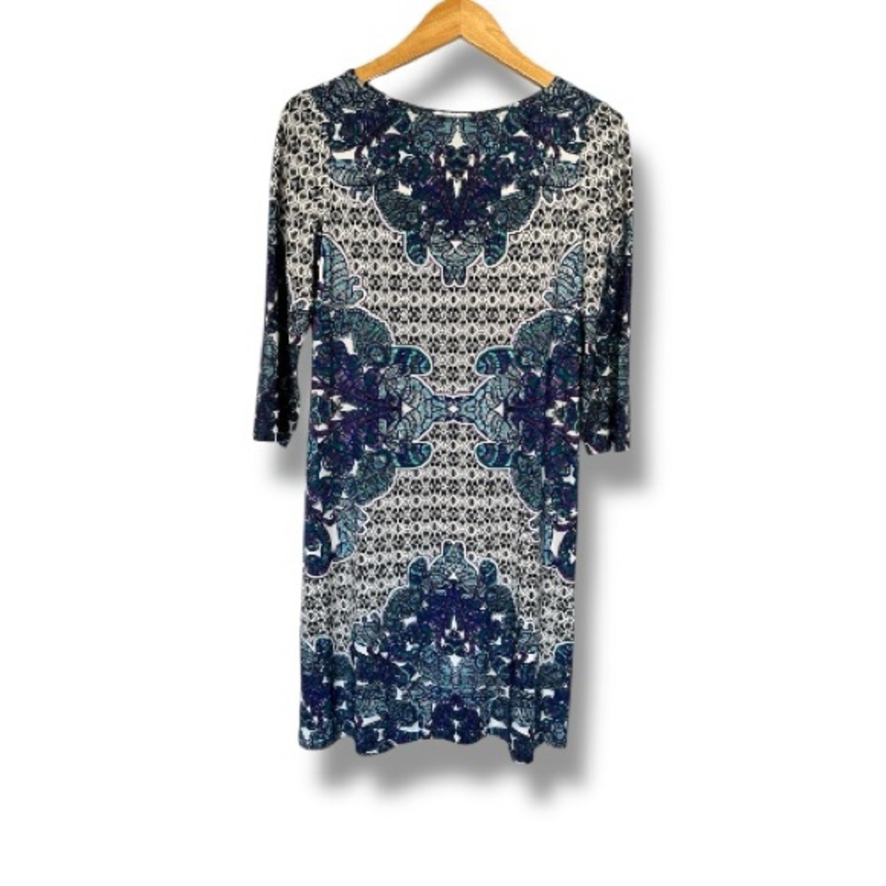 London Times Size 6 Blue Teal Paisley Print Shift Dress 3/4 Sleeve Stretch
